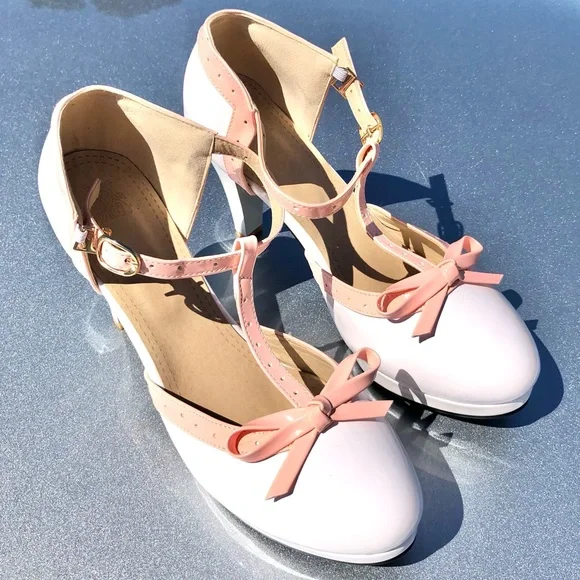 Mary Jane Pinup T-Strap Chunky High Heels Platform Round Toe Pumps & Bow Size 9 - Picture 7 of 16